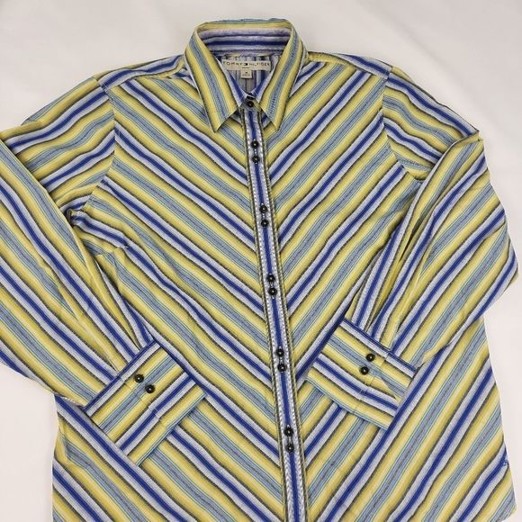 Tommy Hilfiger blouse womens 16 cotton double button diagonal stripe blue yellow - Picture 5 of 16